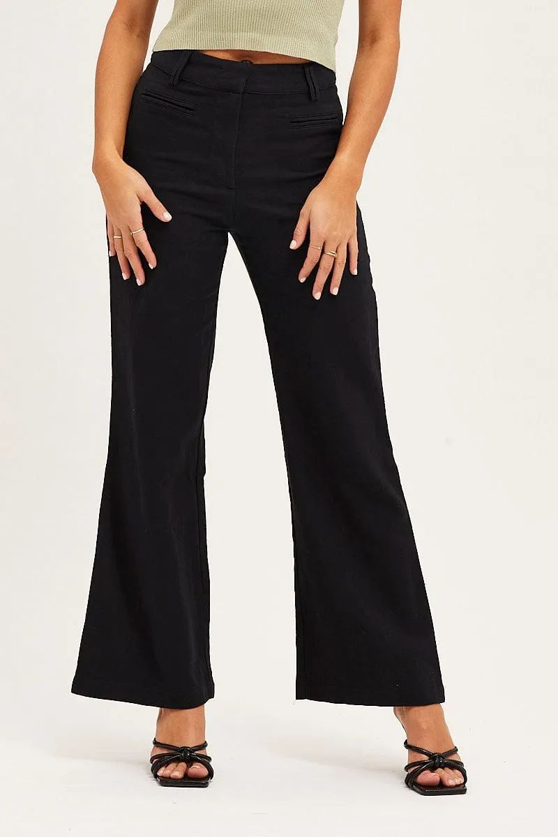 Black High Rise Linen Blend Wide Leg Pants