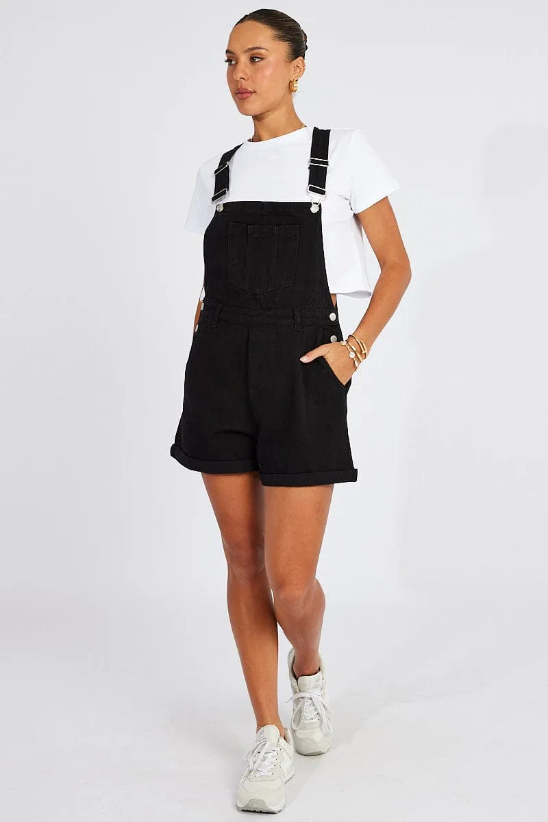 Black Short Denim Overalls