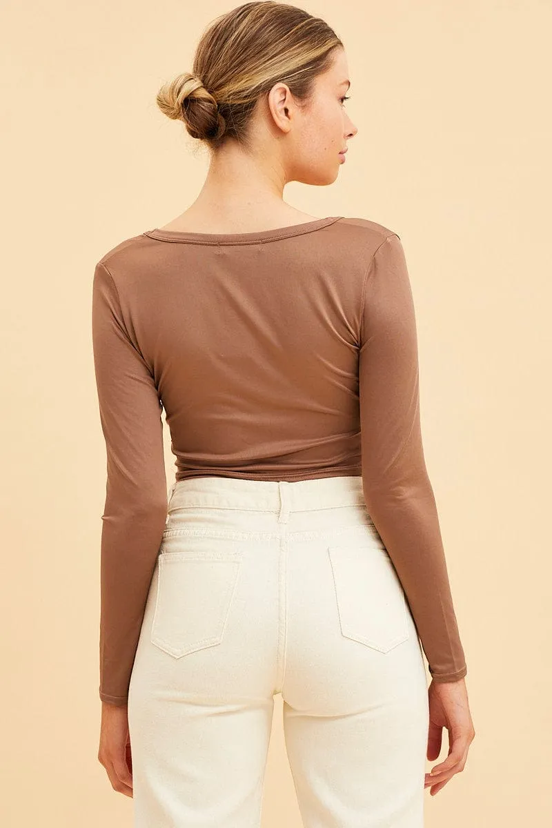 Brown Crop Top Smooth Long Sleeve Scoop Neck