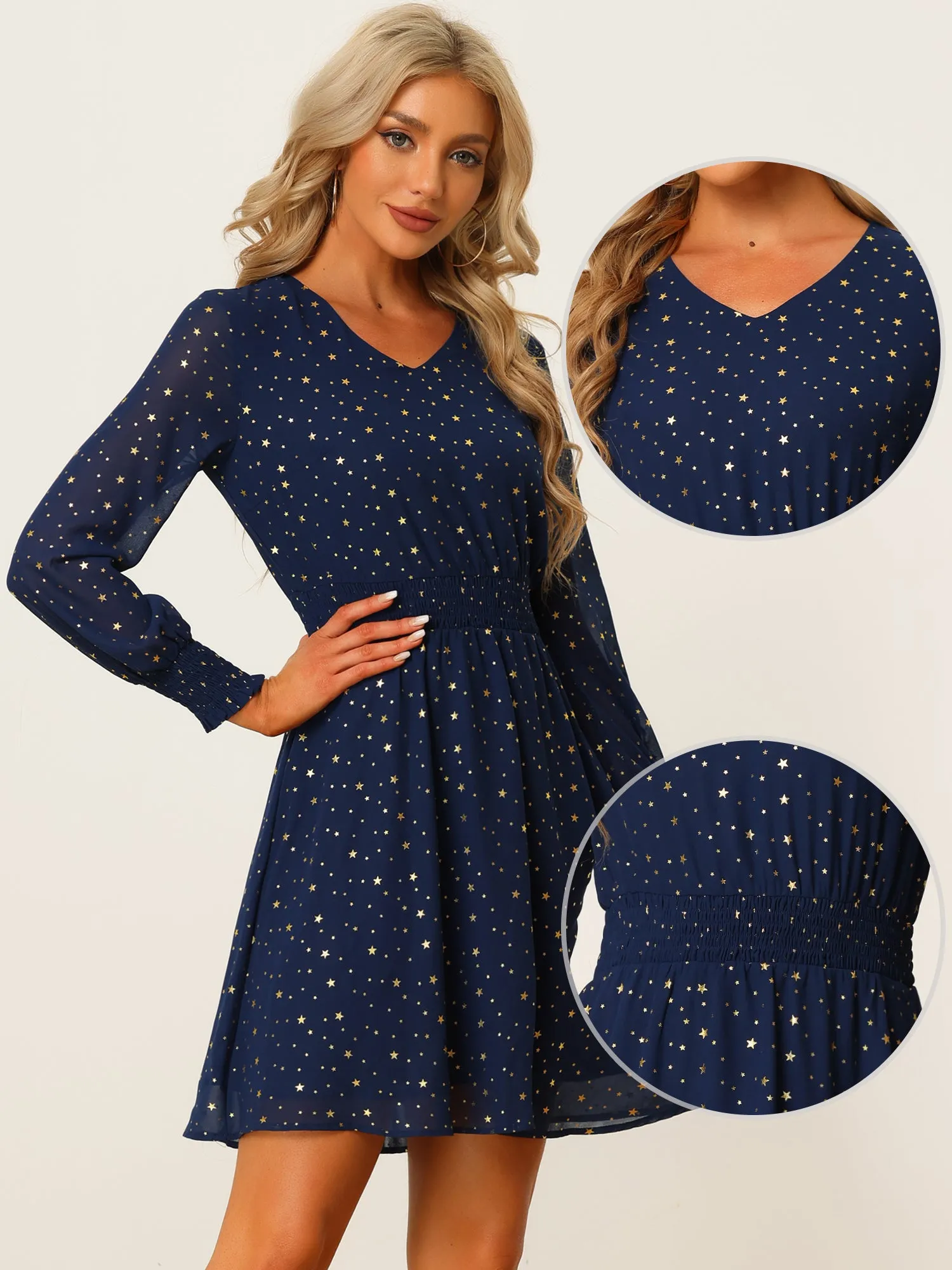 Chiffon V-Neck Smocked Waist Party Metallic Stars Short Dress