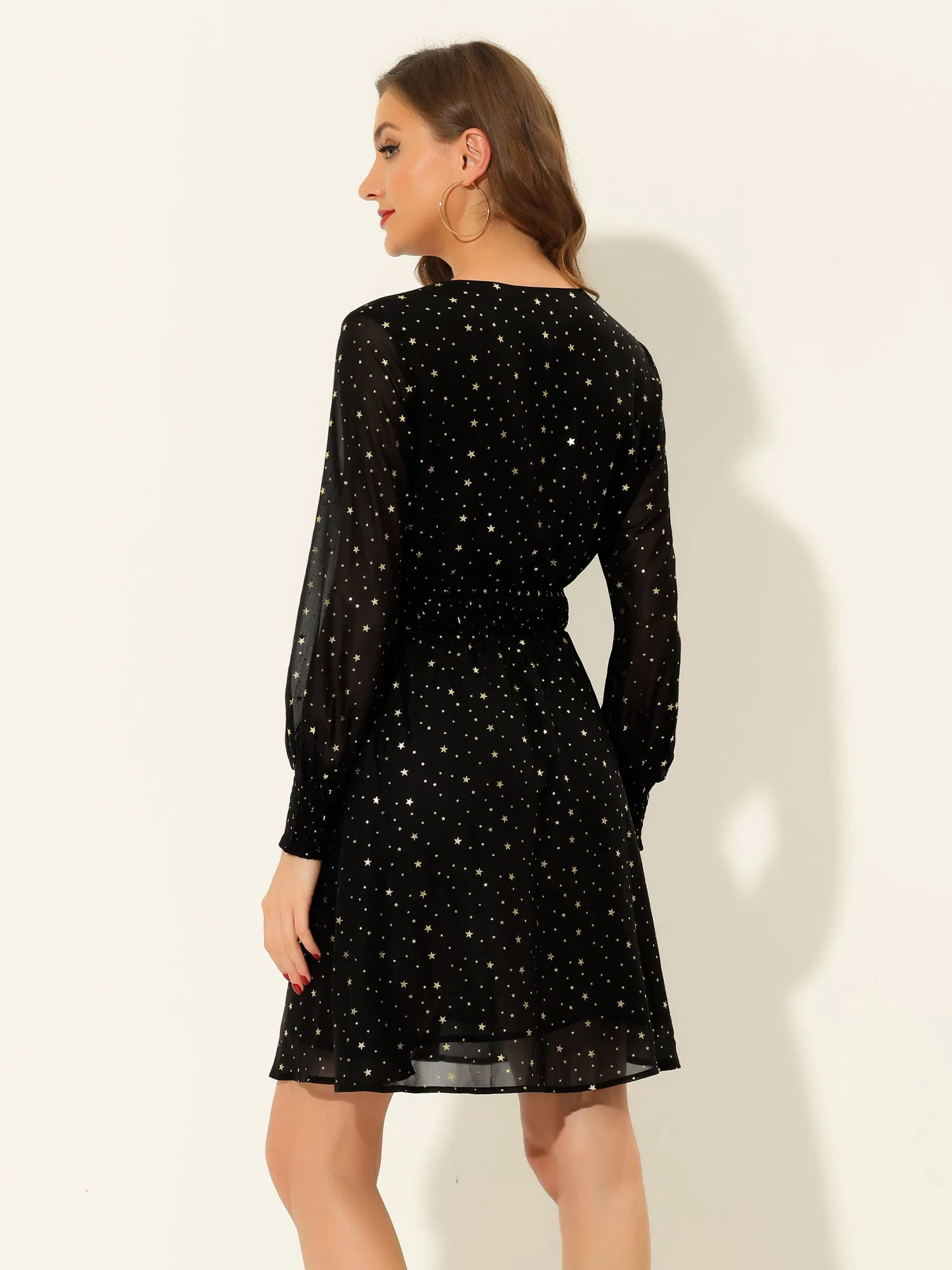Chiffon V-Neck Smocked Waist Party Metallic Stars Short Dress