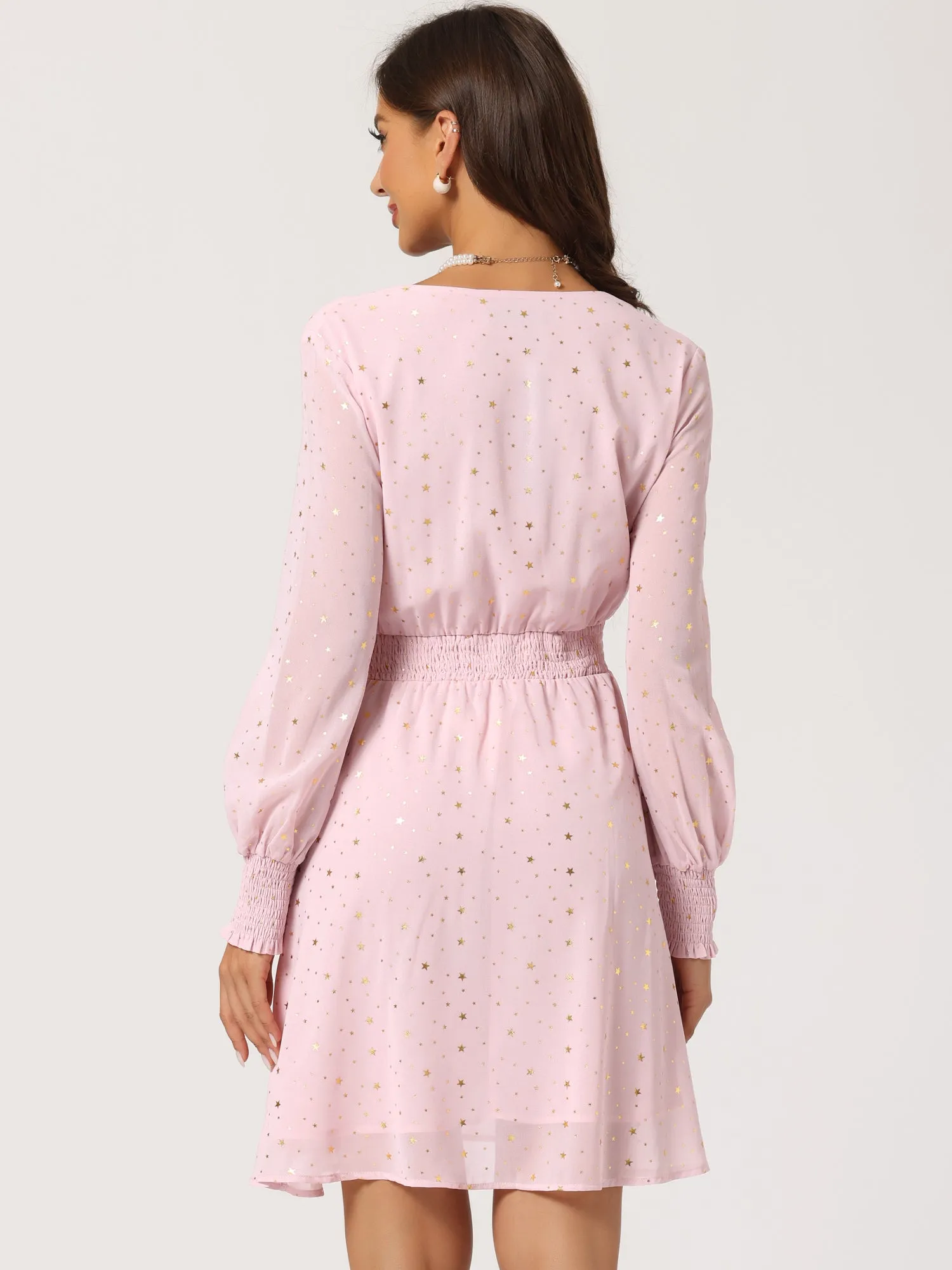 Chiffon V-Neck Smocked Waist Party Metallic Stars Short Dress