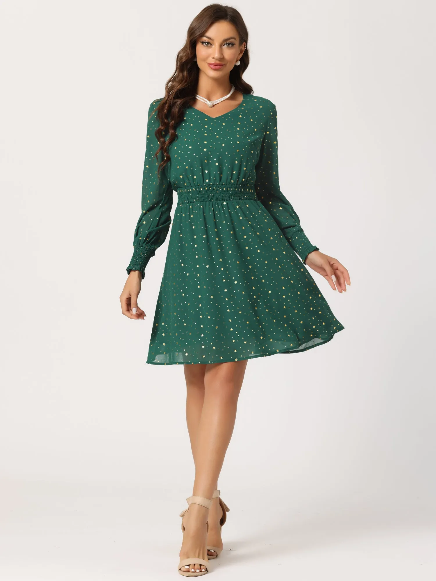 Chiffon V-Neck Smocked Waist Party Metallic Stars Short Dress