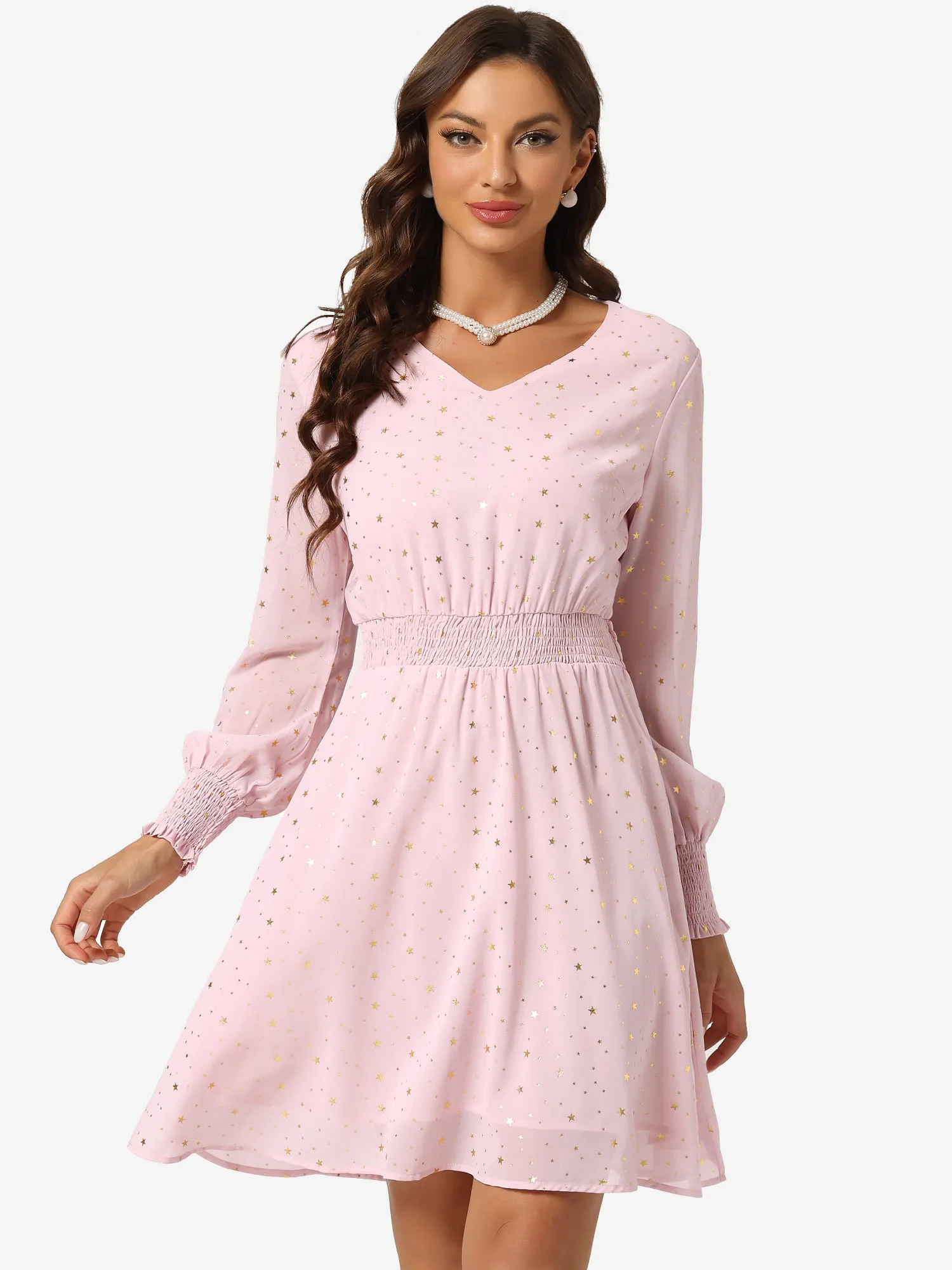 Chiffon V-Neck Smocked Waist Party Metallic Stars Short Dress