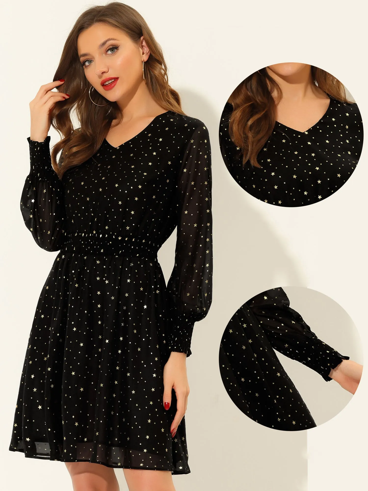 Chiffon V-Neck Smocked Waist Party Metallic Stars Short Dress