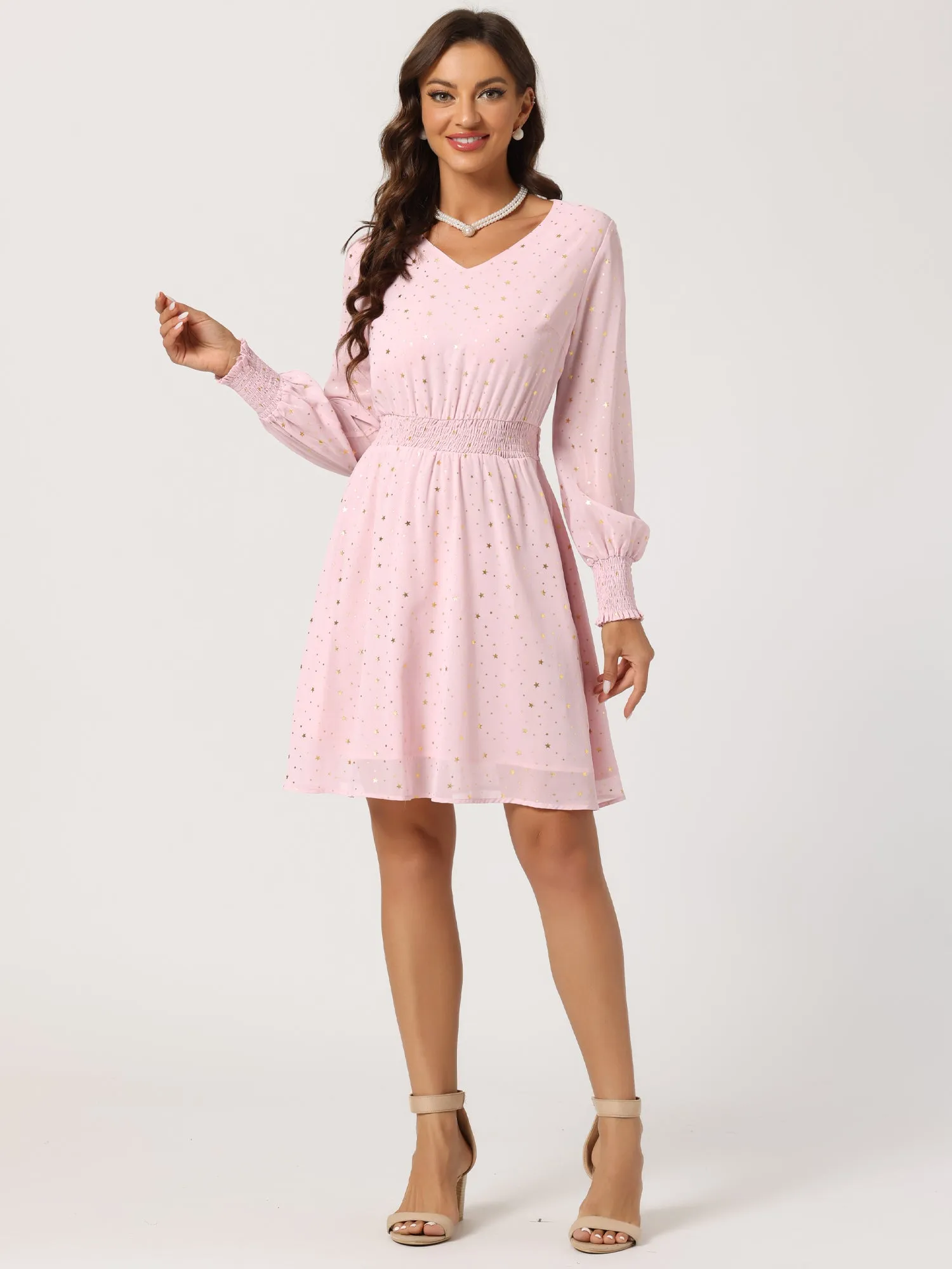 Chiffon V-Neck Smocked Waist Party Metallic Stars Short Dress