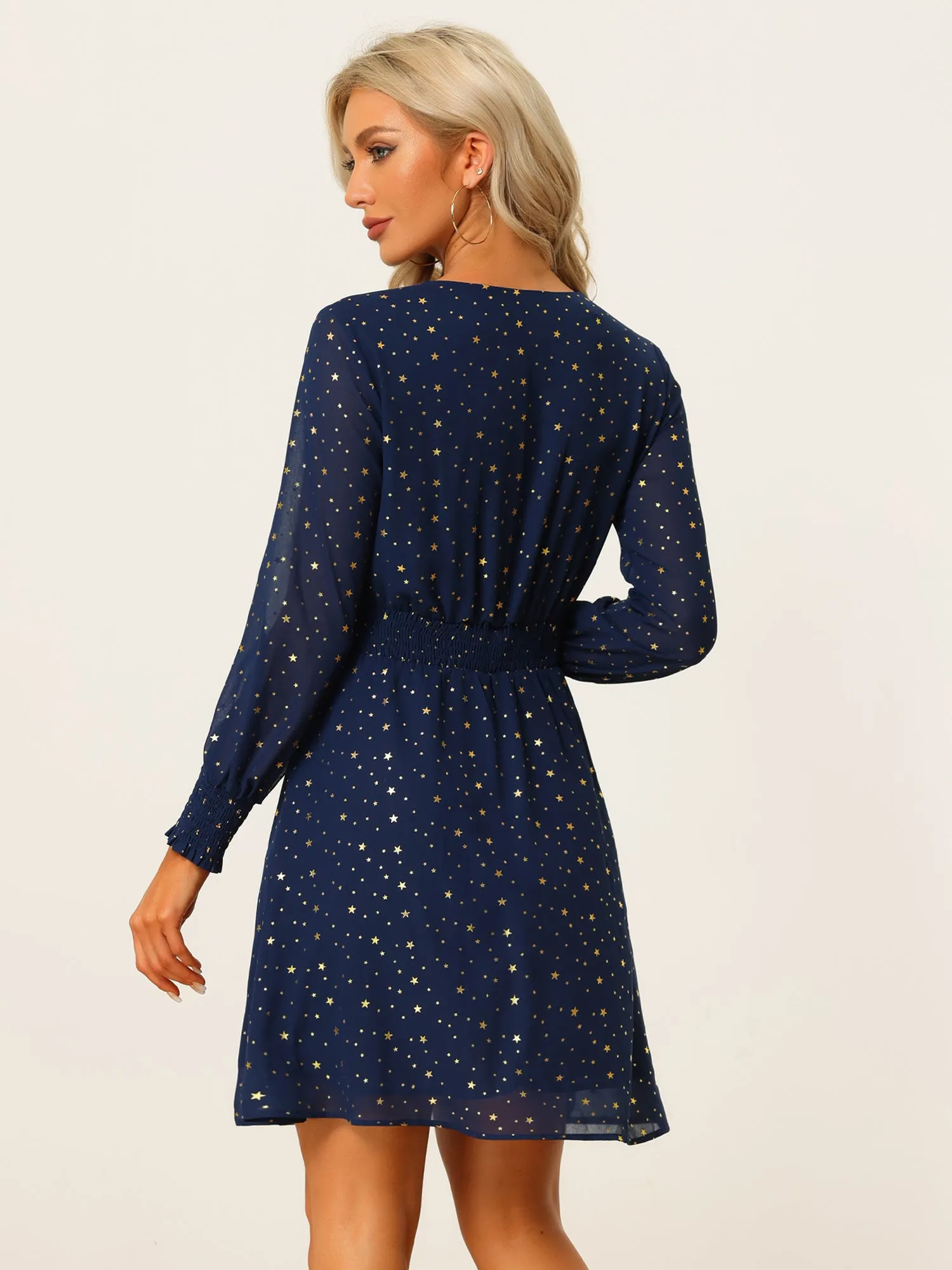 Chiffon V-Neck Smocked Waist Party Metallic Stars Short Dress