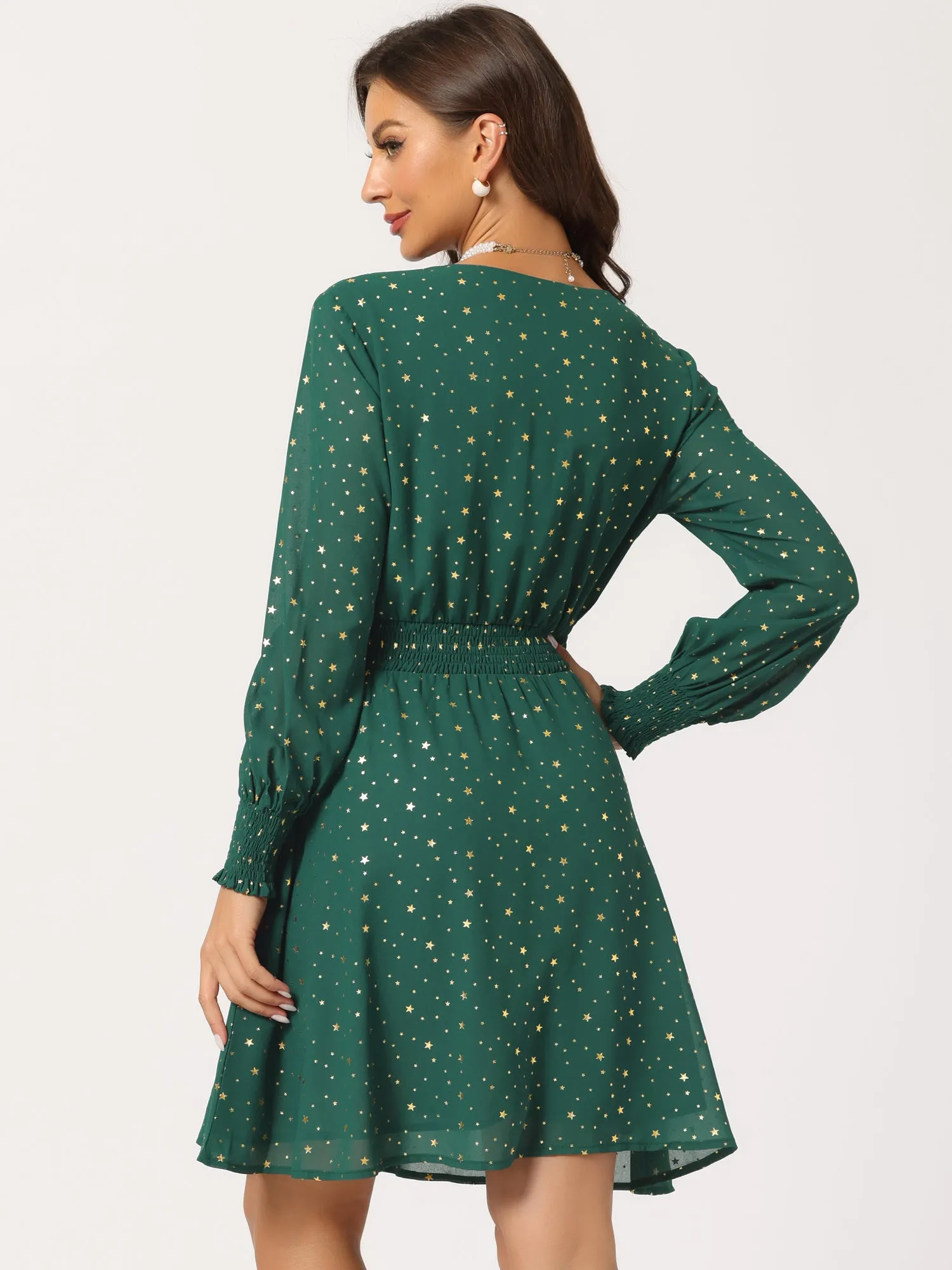 Chiffon V-Neck Smocked Waist Party Metallic Stars Short Dress