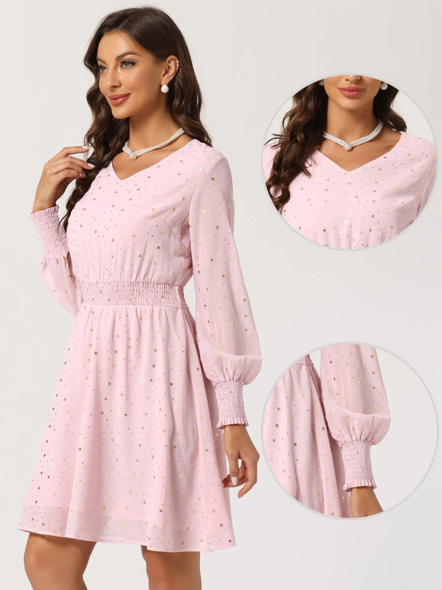Chiffon V-Neck Smocked Waist Party Metallic Stars Short Dress