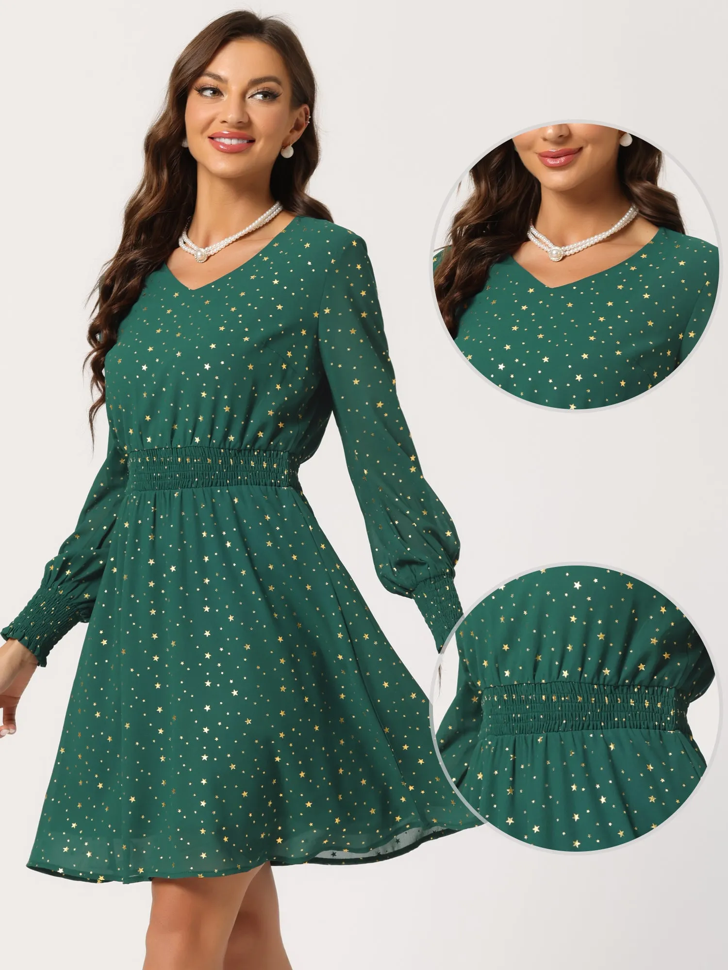 Chiffon V-Neck Smocked Waist Party Metallic Stars Short Dress
