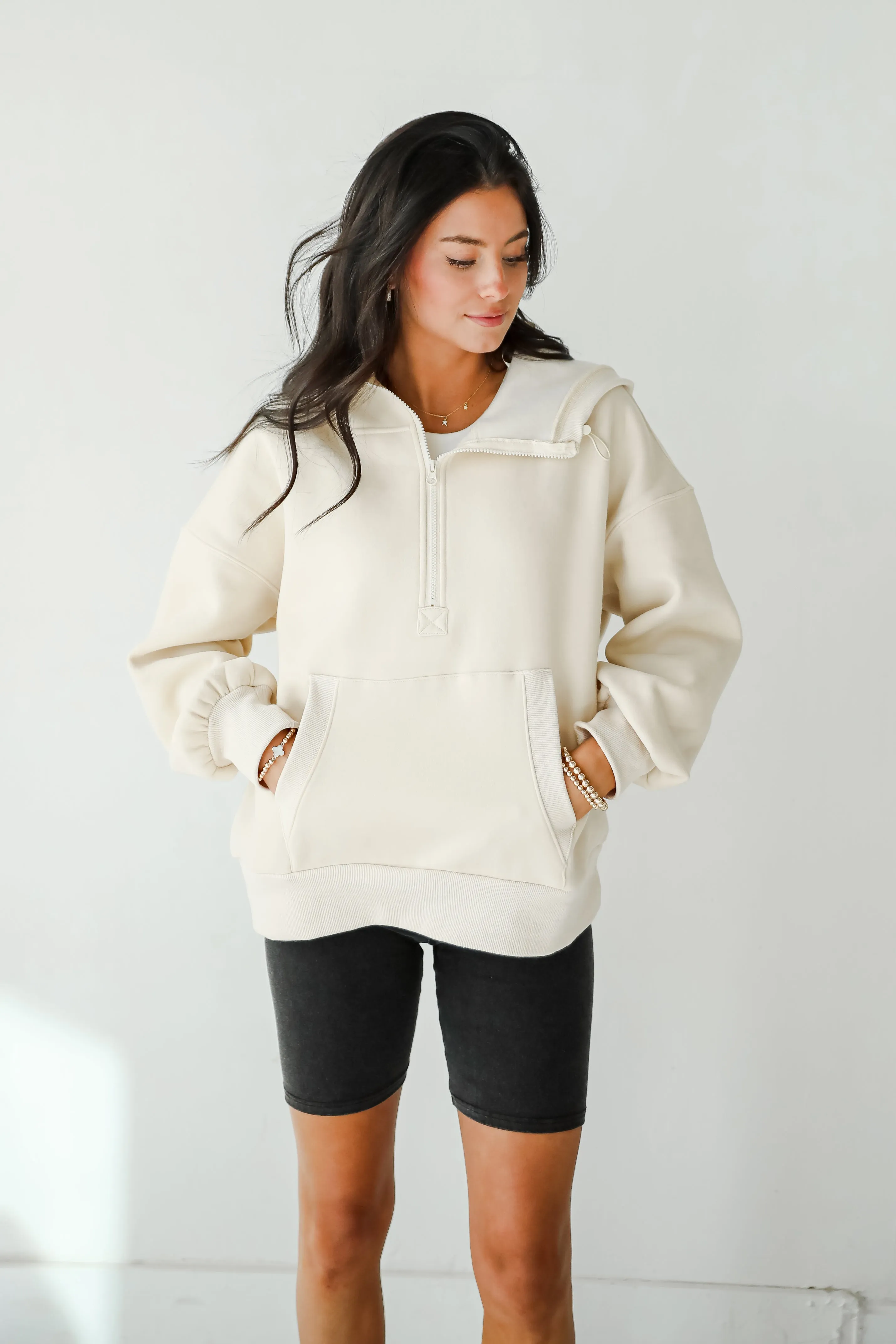 FINAL SALE - Cozy Delight Cream Fleece Quarter Zip Hoodie