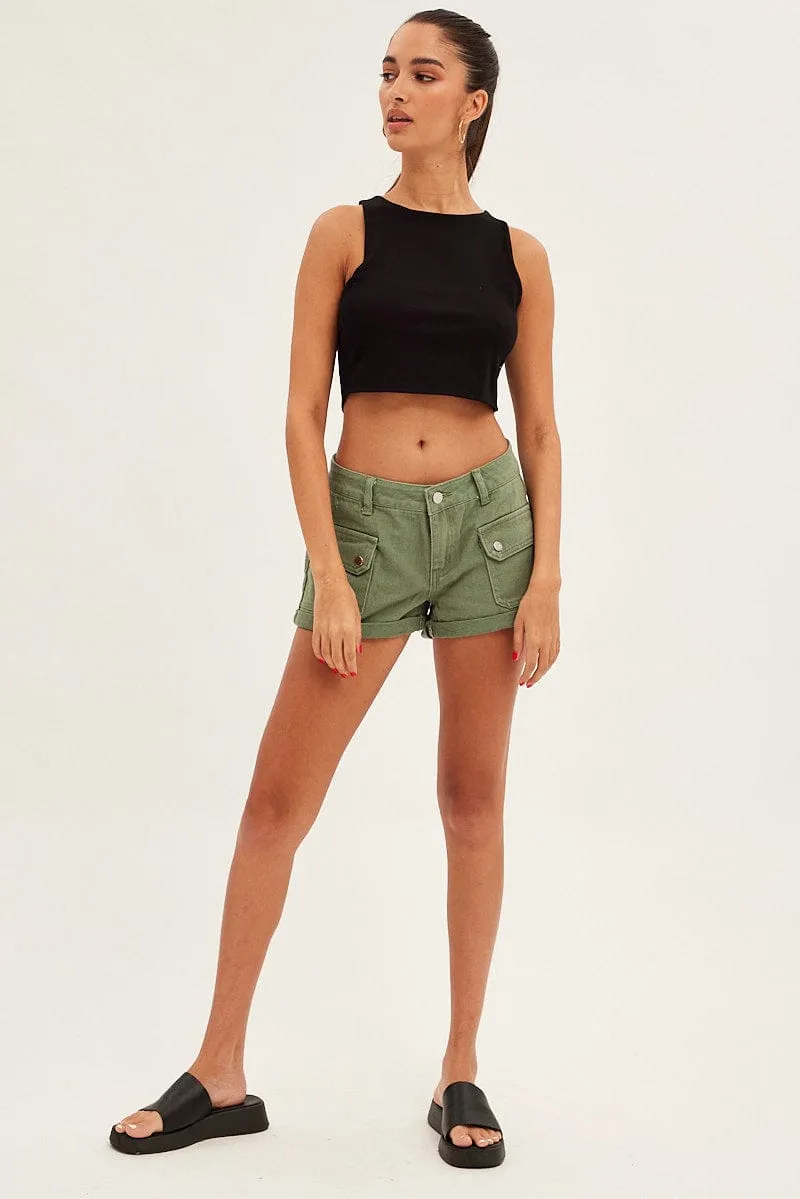 Green Cargo Denim Shorts Low Rise