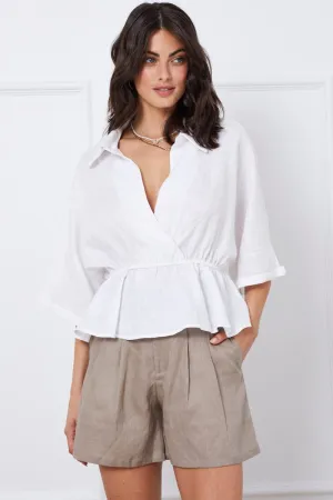 Green Mini Shorts Pleats Linen