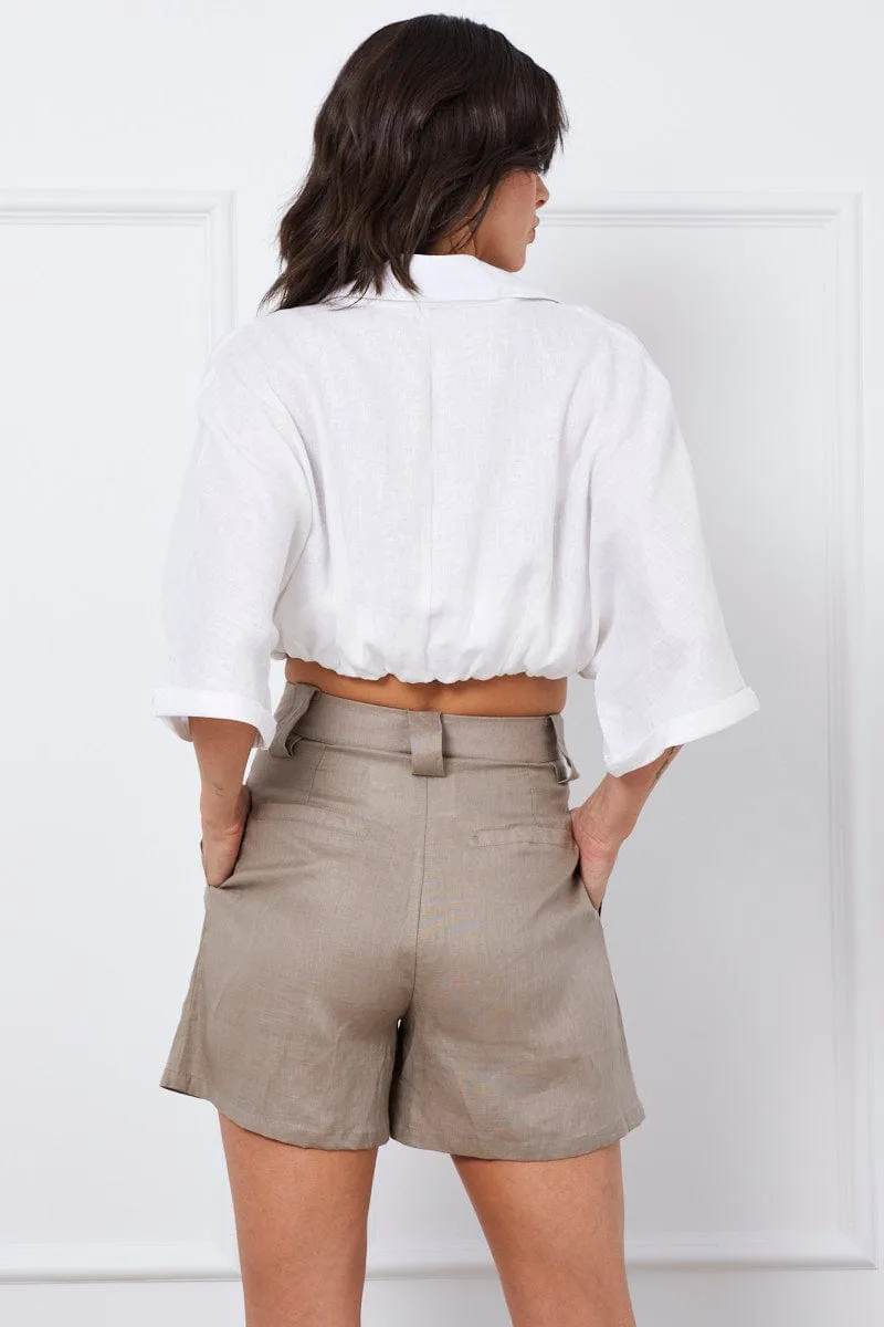 Green Mini Shorts Pleats Linen