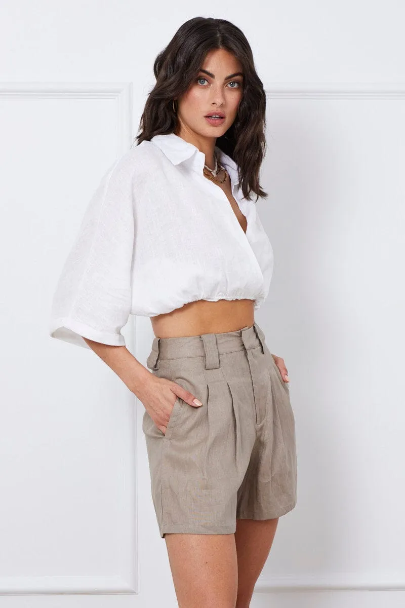 Green Mini Shorts Pleats Linen