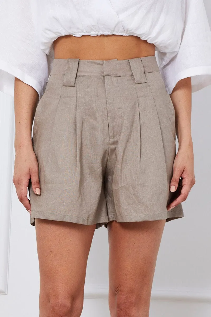 Green Mini Shorts Pleats Linen