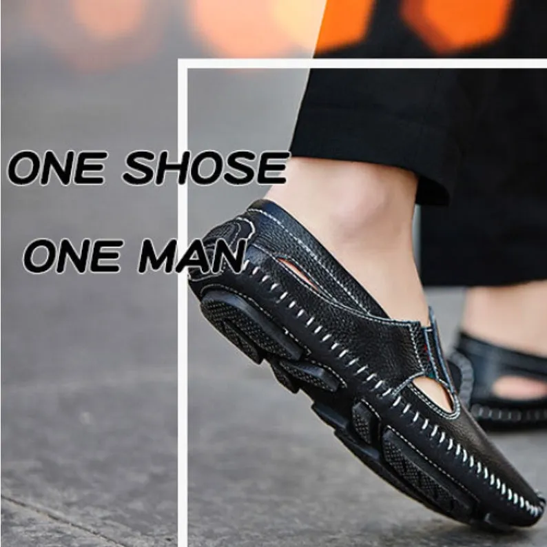 Loafers Mens Leather Handmade Hole Casual Shoes Black Loafers