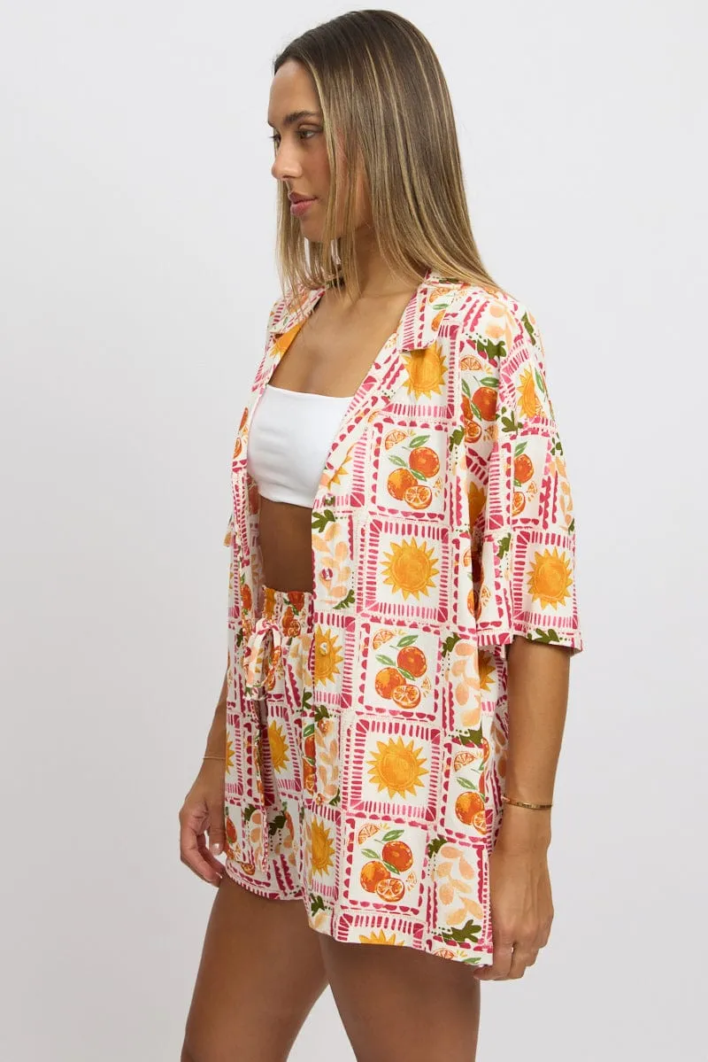 Multi Abstract Relaxed Shirt Short Sleeve Linen Blend