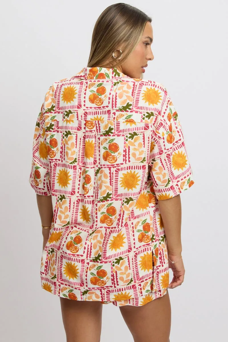 Multi Abstract Relaxed Shirt Short Sleeve Linen Blend