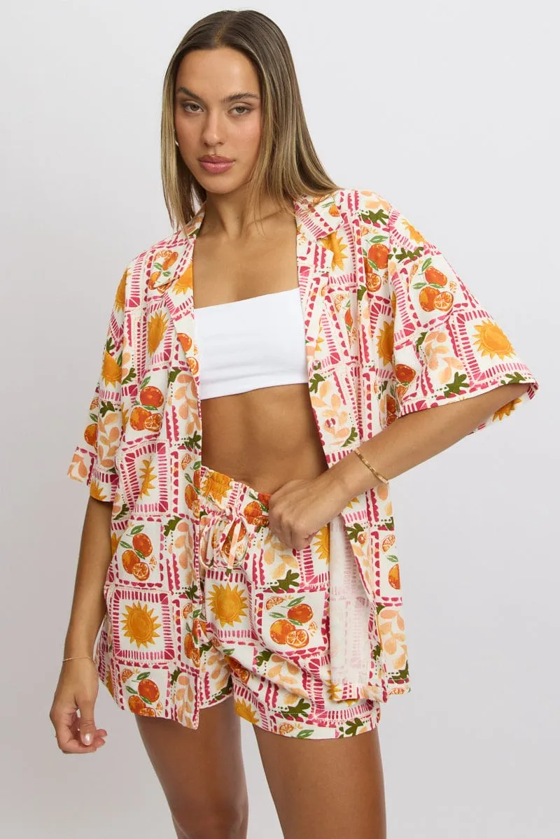 Multi Abstract Relaxed Shirt Short Sleeve Linen Blend