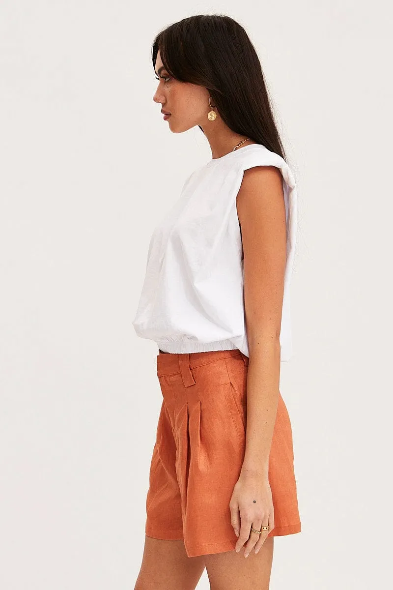 Orange Mini Shorts Pleats Linen