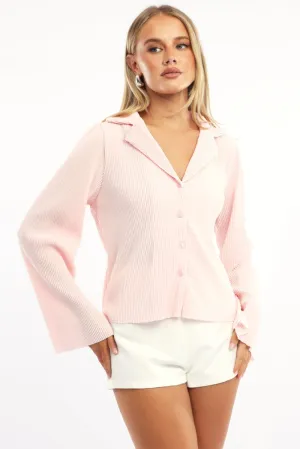 Pink Plisse Shirt Long Sleeve Lapel Collar Button Up