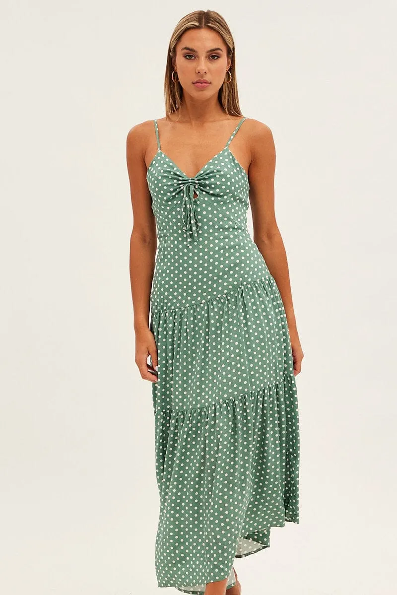 Print Polka Dot Maxi Dress Sleeveless Tie Front Tiered Polka Dot