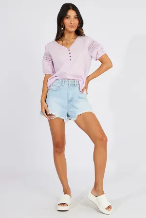 Purple Top lace details sleeve texture cotton