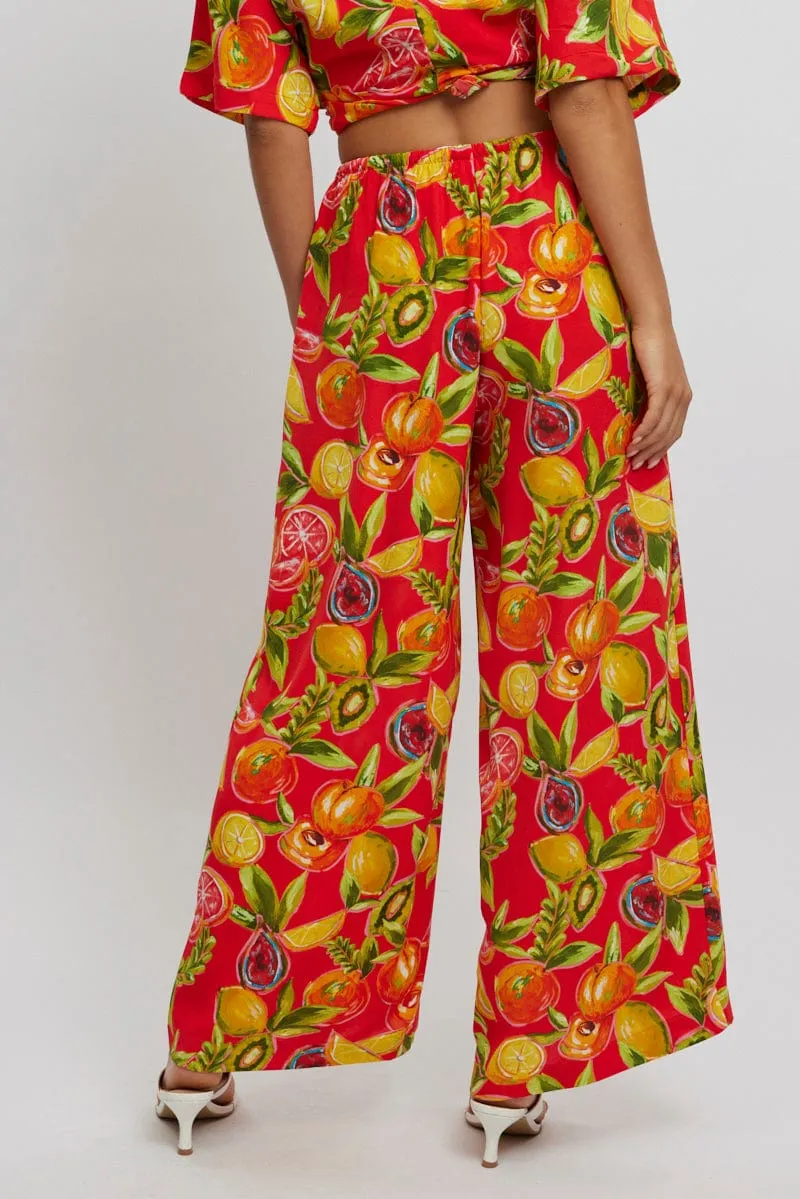 Red Abstract Wide Leg Pants High Rise