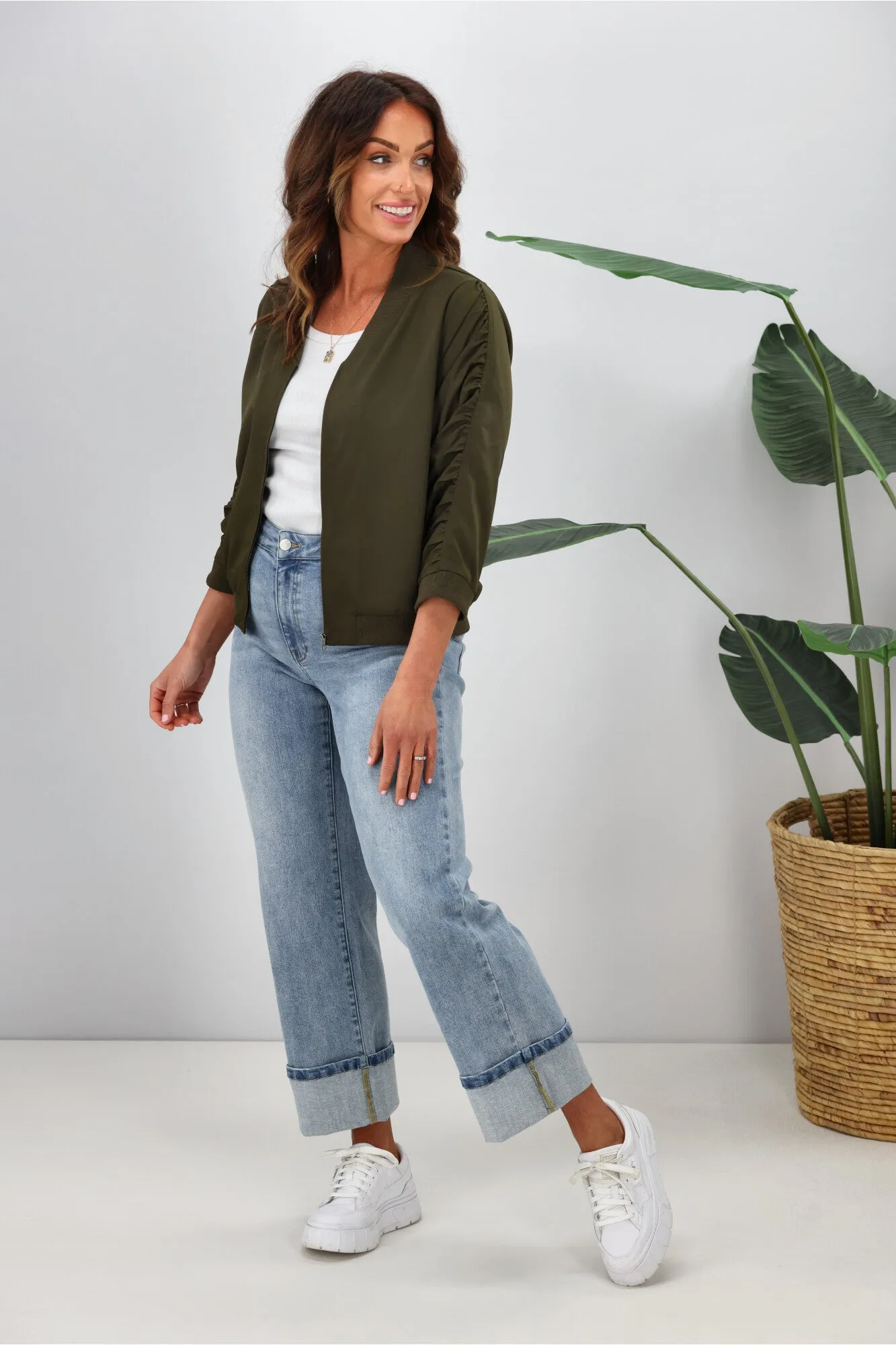 Shine On Label Silvina Gathered Sleeve Bomber Jacket Olive