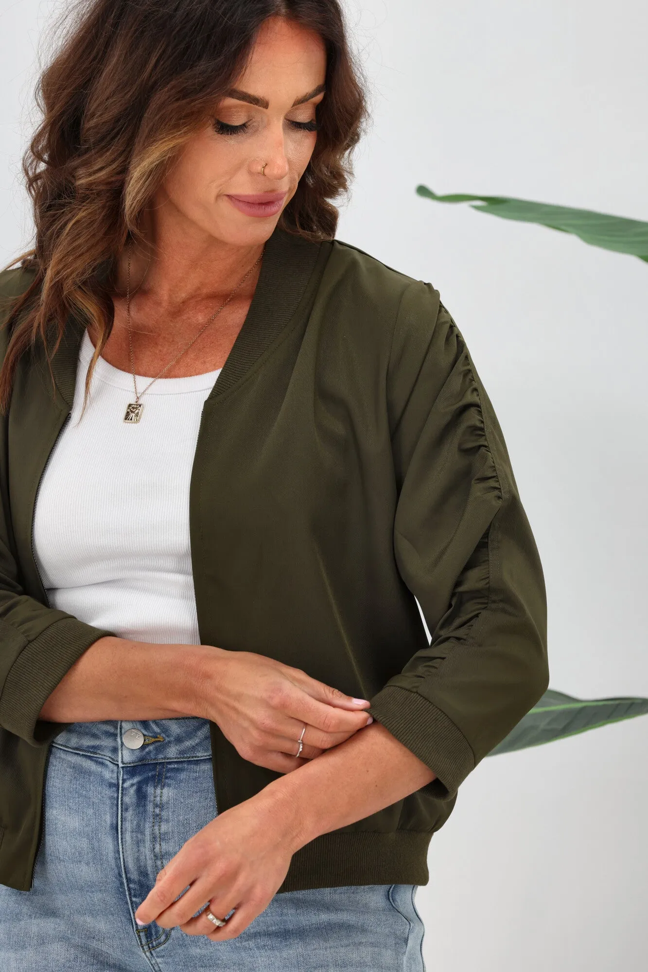 Shine On Label Silvina Gathered Sleeve Bomber Jacket Olive