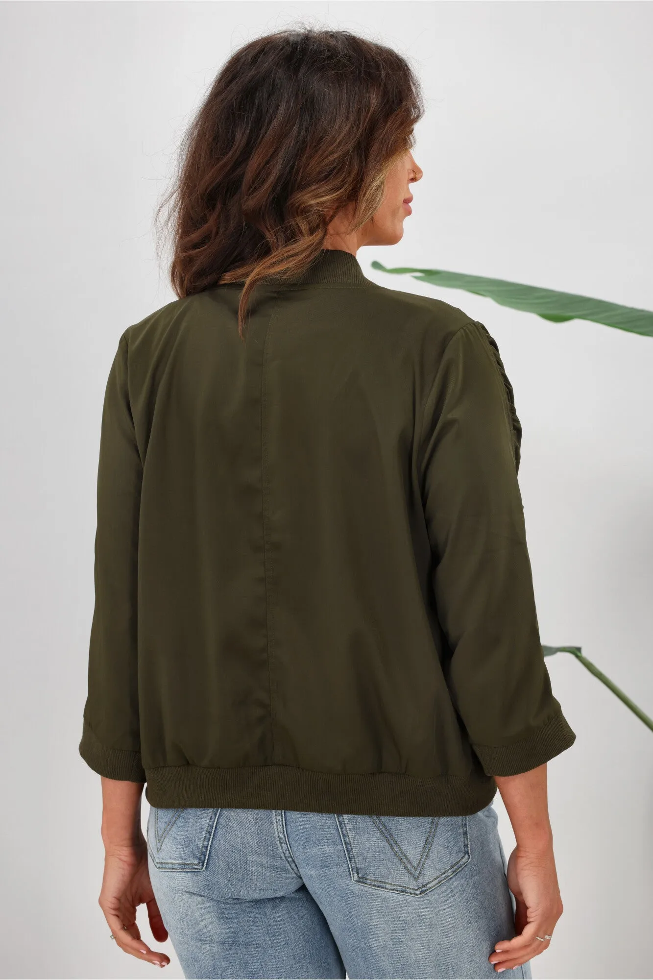Shine On Label Silvina Gathered Sleeve Bomber Jacket Olive