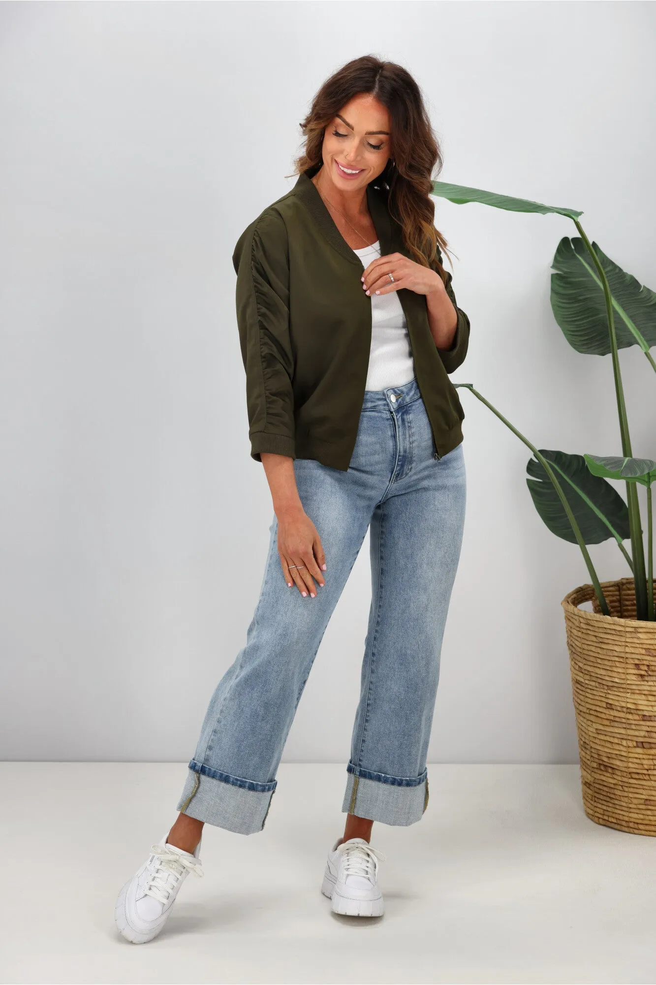 Shine On Label Silvina Gathered Sleeve Bomber Jacket Olive