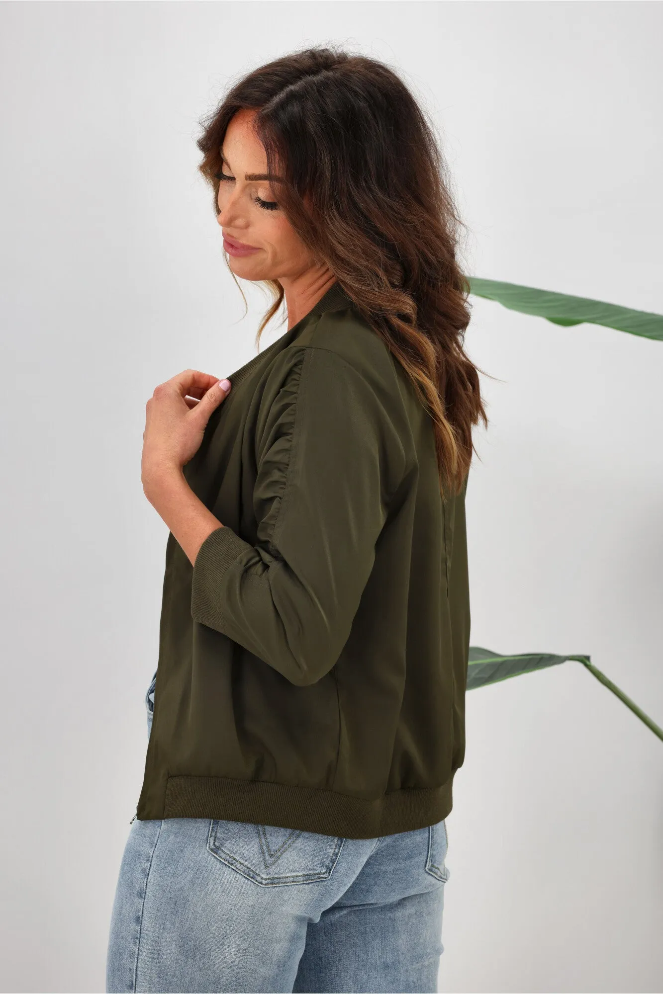 Shine On Label Silvina Gathered Sleeve Bomber Jacket Olive