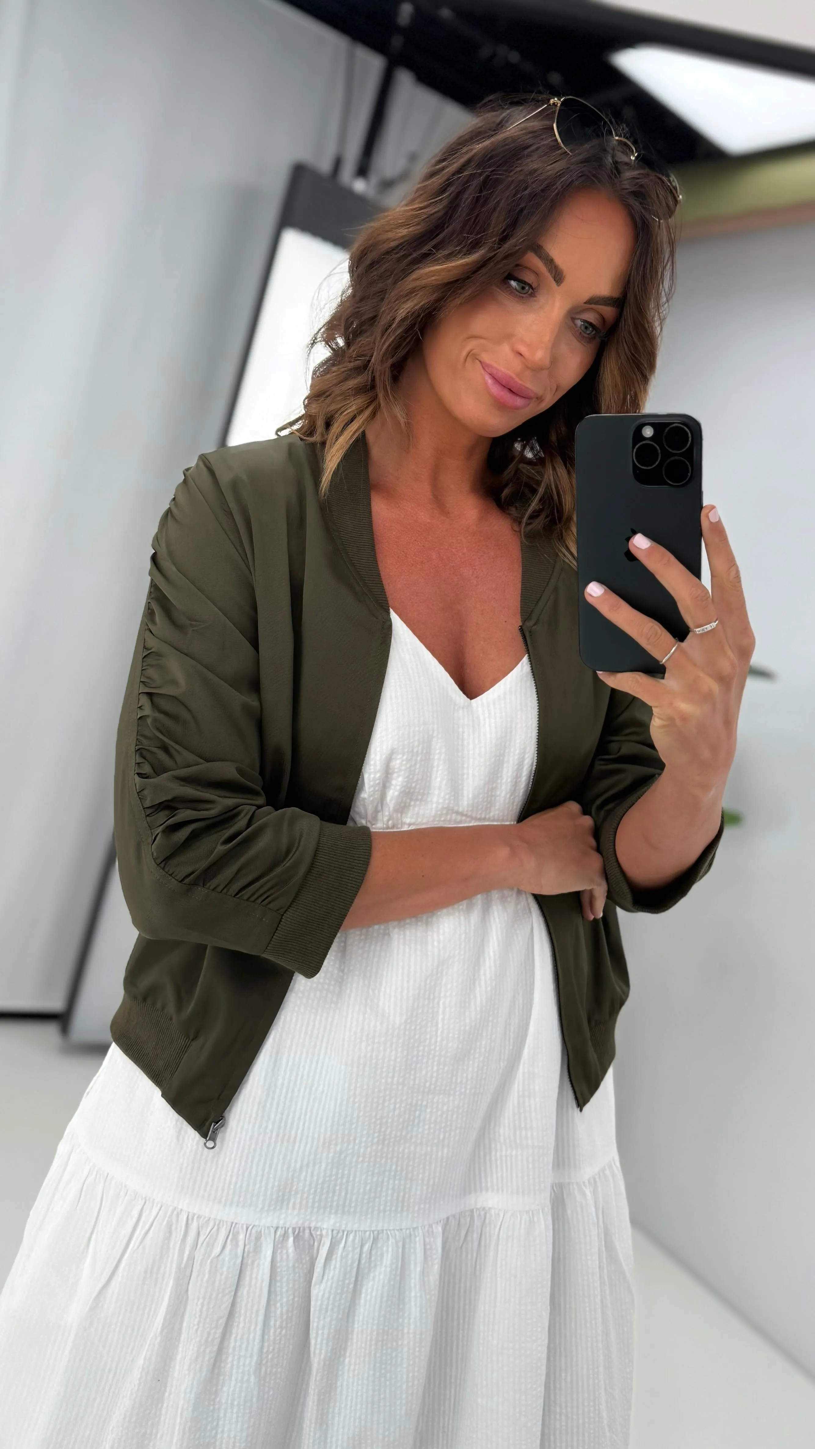 Shine On Label Silvina Gathered Sleeve Bomber Jacket Olive