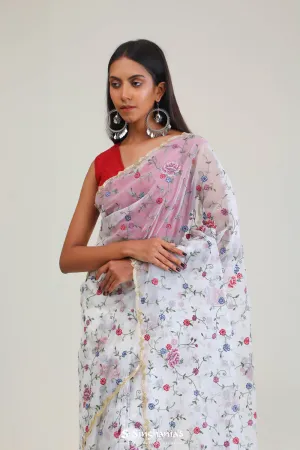 Vivid White Jaali Crafted Organza Saree