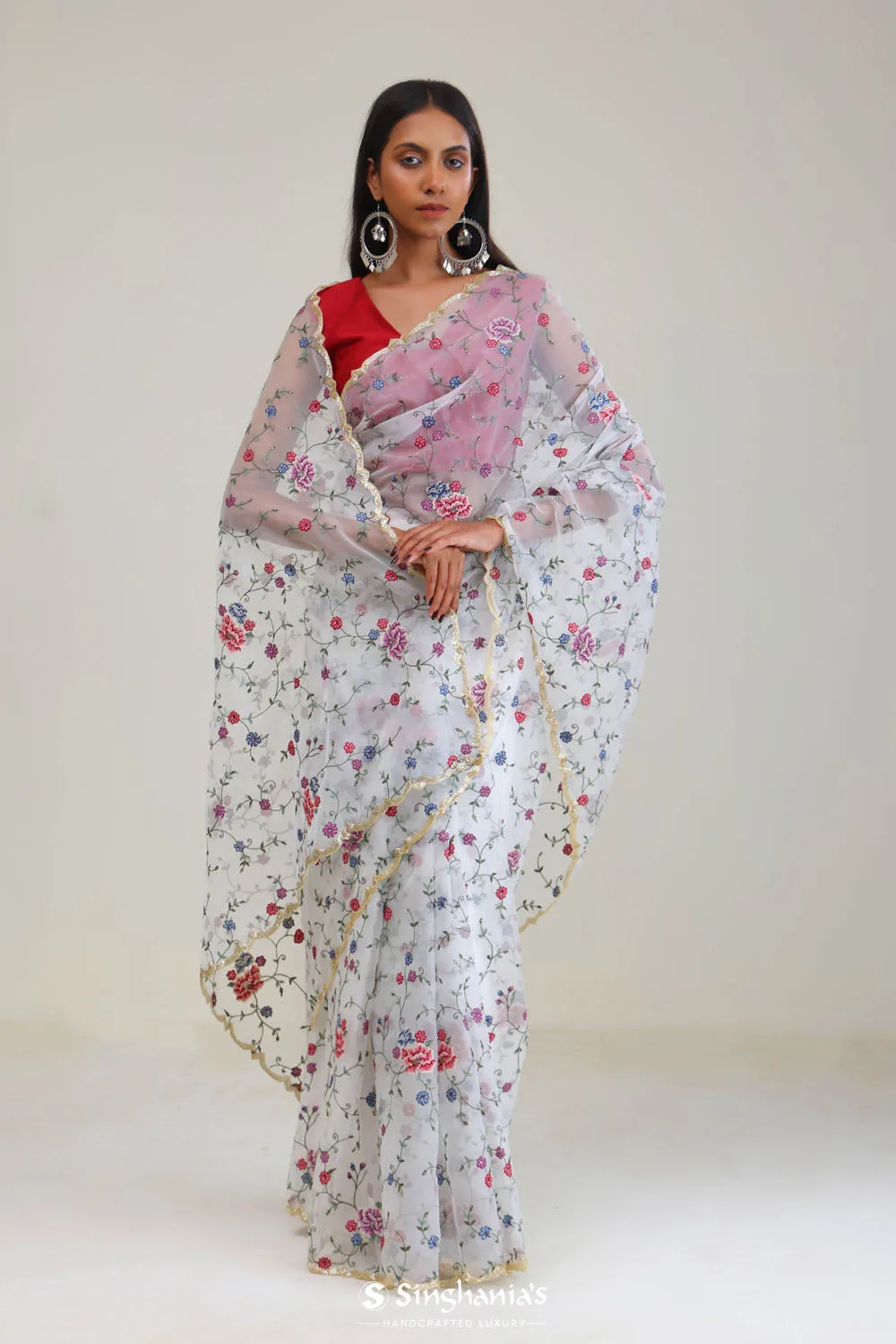 Vivid White Jaali Crafted Organza Saree