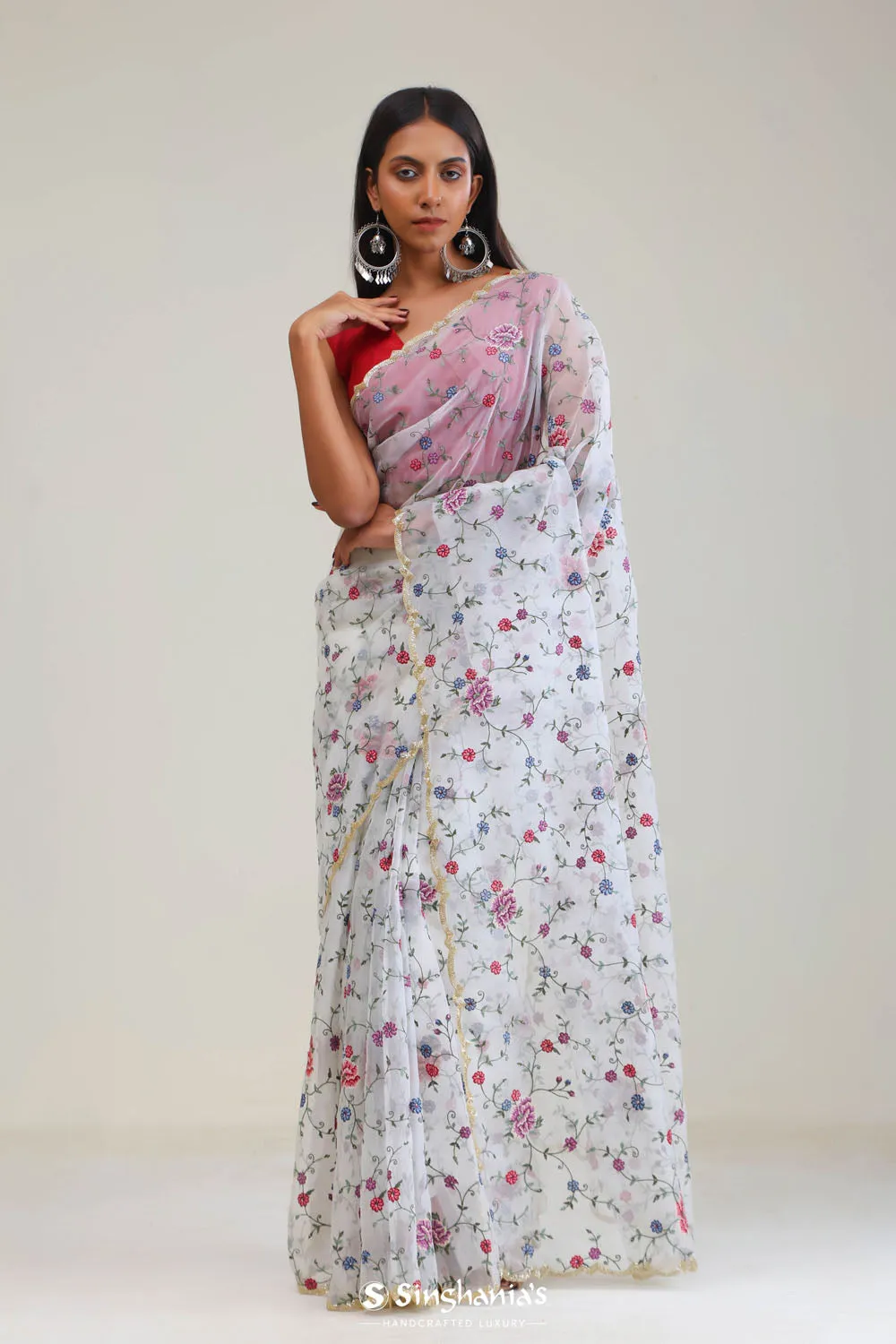 Vivid White Jaali Crafted Organza Saree