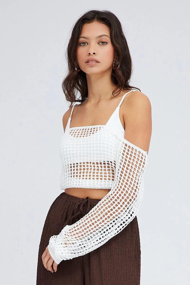 White Crochet Knit Top Long Sleeve Square Neck